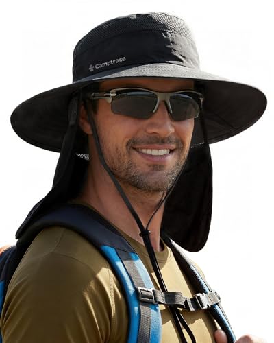 Camptrace Wide Brim Men Sun Hat with Neck Flap UPF Fishing Hiking Gardening - color: Blcak