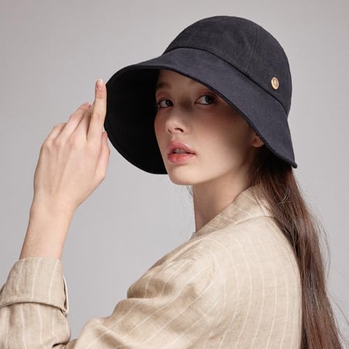 WHITE SANDS MOJA Linen Blend Victorian Bonnet Hat Sun Cap, Foldable Summer Visor | NEW Katy - color: Black