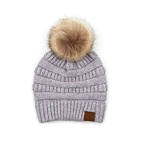 C.C Fur Pom Winter Fall Trendy Chunky Stretchy Cable Knit Beanie Hat - color: Snuggly Soft Periwinkle Mix