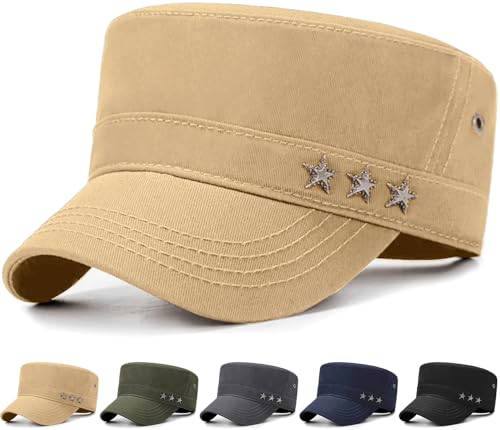 Initlove Cadet Army Cap Military Unisex Flat Top Hat for Men Women - color: Star Beige