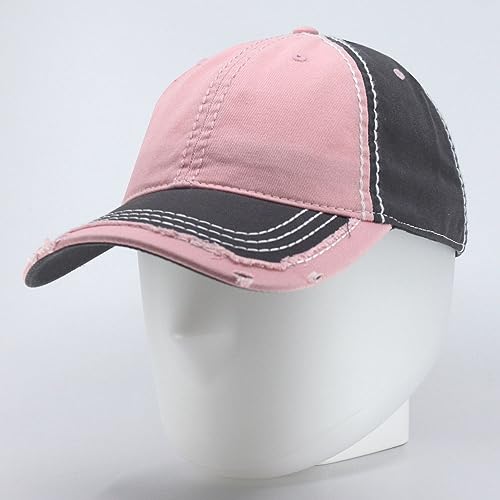 Washed Cotton Distressed with Heavy Stitching Adjustable Baseball Cap - color: Charcoal Gray/Pink/Charcoal Gray