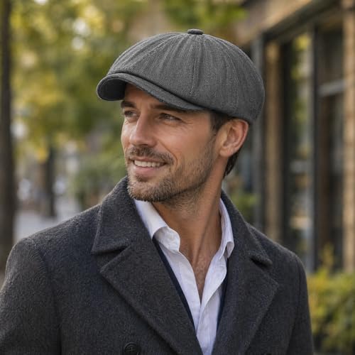 DIYDECAL Mens Newsboy Cap 8 Panel,Cotton Blend Flat Ivy Gatsby Cabbie Golf Hat - color: Dark Grey