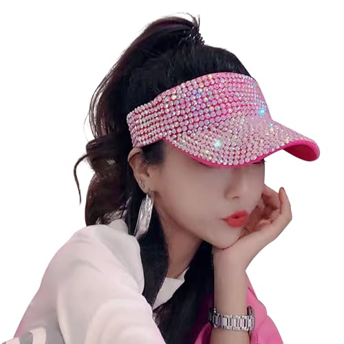Shiny Rhinestones American Flag Sun Visor Hat Summer Outdoor Open Top Baseball Cap Adjustable Sparkly Party Headwear - color: Rose Red