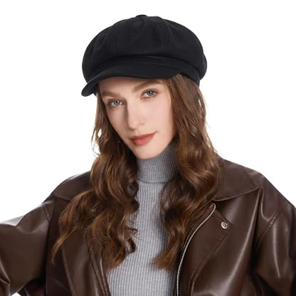 ZLYC Women Classic Newsboy Cap Visor 8 Panel Gatsby Cabbie Paperboy Hat - color: Black