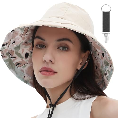 vidsel Womens Sun Hats Wide Brim Reversible Bucket Cotton Hat with Hat Clip - color: Beige, size: Medium