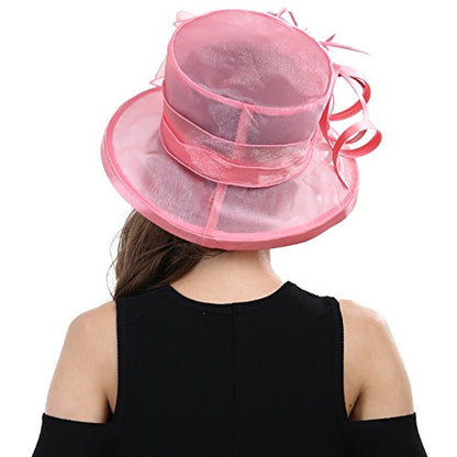 Womens Church Derby Wide Brim Sun Hat Girl Tea Party Headwear Bridal Wedding Fascinator - color: Pink