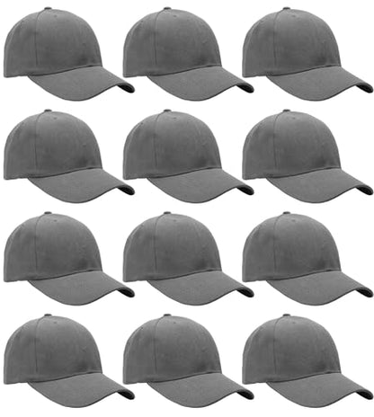 Falari Wholesale Bulk Lot 12-Pack Baseball Cap Adjustable Size Plain Blank Solid Color - color: Dark Gray
