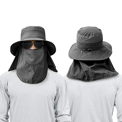2 Pieces Men's Wide Brim Fishing Hat Outdoor UPF 50+ Sun Protection Removable Face and Neck Flap - color: Dark Grey & Dark Grey