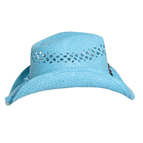 Boho Hip Cowboy Hat with Heart Concho, Natural Toyo Straw, Shapeable Brim - color: Turquoise
