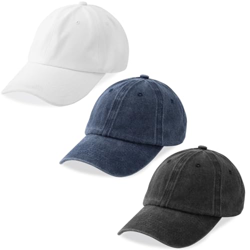 MEINICY 3 Packs Washed-Cotton Plain Baseball Cap, Adjustable Dad Hat - color: Black + Navy Blue+ White
