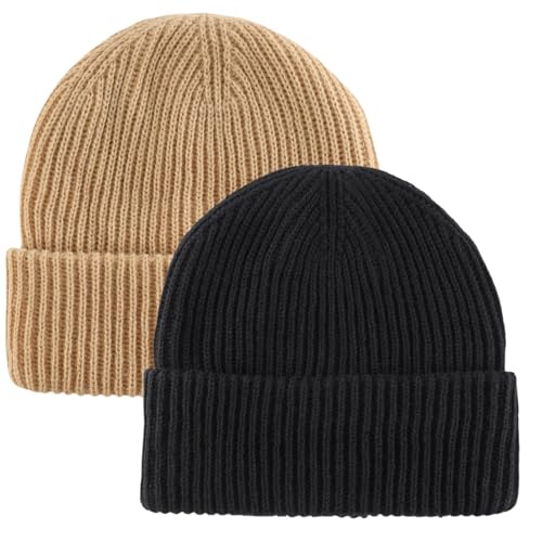 Home Prefer Rib Knit Beanie Hat for Men and Women Cuffed Beanie Winter Hat - color: Black+khaki
