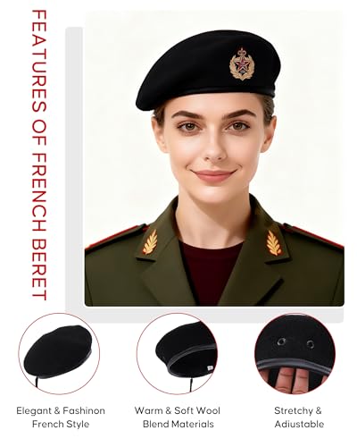 Military Wool Beret Hat, Leather Trim, Adjustable, Unisex, Vintage
