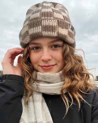CLAPE Womens Cute Slouchy Beanies Hats, Winter Warm Chunky Checkered Beanie Large Cuff Knitted Hat Ski Cap for Cold Weather - color: Kh56-cream Color