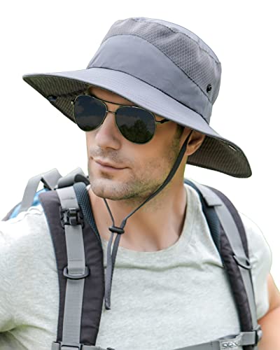 Mens Sun Hat Wide Brim Breathable Mesh UPF 50+ Waterproof Fishing Hat Safari Hat Foldable Boonie Cap - color: Deep Gray