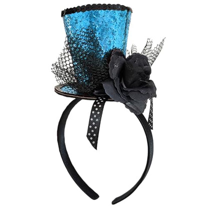 WLBON Halloween Mini Top Hat Headband 1920s Flower Sequins Hair Hoops Bands Fascinator Headpiece Hairband Women Christmas Holiday Festival Parade Cosplay Dress Up Birthday Tea Party Accessories Blue - color: Blue Tone