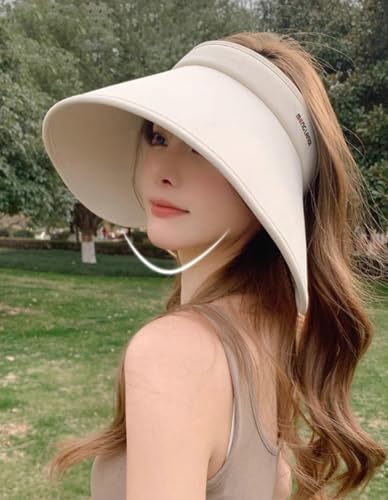 Women's Sun Visor Hats UV Protection Wide Brim Beach Sun Hat Fodable Adjustable Cap Ponytail Summer Travel Hat - color: Black