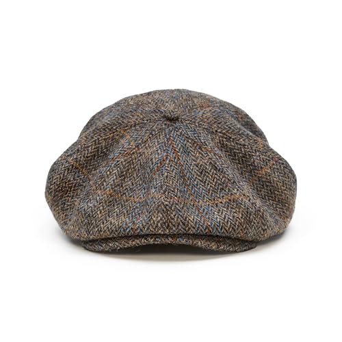 Sterkowski Peaky | 100% Harris Tweed Newsboy Cap for Men and Women | Warm Classic Elegant 8 Panels Hat - color: Brown/Blue Check, size: 7 1/8