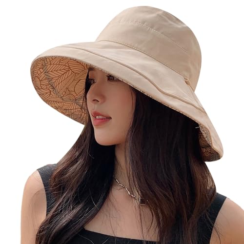 HUAMULAN Wide Brim Women Summer Sun Floppy Hat Reversible Beach Bucket Hat - color: Beige