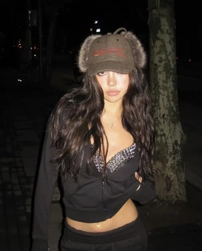 URAWOW Faux Fur Baseball Cap Women Winter Fall Grunge Aespa NINGNING Same Style Trapper Hat Plush Retro Fashion Ear Warmer - color: Brown