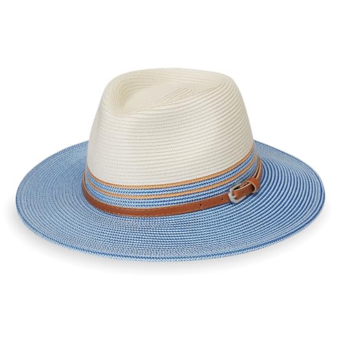 Wallaroo Women's Kristy Fedora– UPF 50+ UV Protection | Wide Brim, Packable & Adjustable - color: Ivory/Ice Blue, size: Small