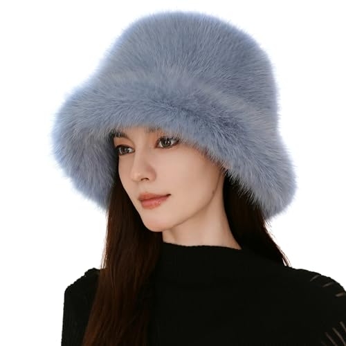 Women's Oversized Faux Fur Bucket Hat, Fluffy Plush Winter Hat, Solid Color - color: Sky Blue