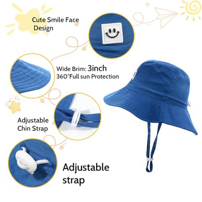 Kids Sun Hat Smile Face Bucket Hat Toddler Hat Wide Brim Adjustable Strap - color: Blue, size: 6-36 Months