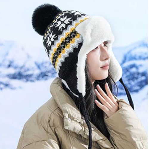Women Winter Beanie Hat Thick Fleece Lined Warm Earflap Trapper Hat Pom Pom Jacquard Knited Outdoor Ski Snow Cap - color: Style 2-black