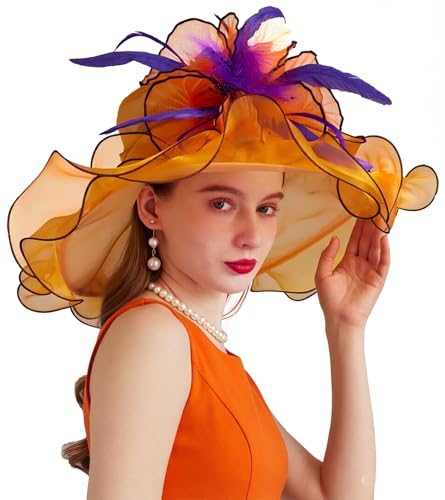 ORIDOOR Women Hats Headband Hairpin Organza Fascinator Church Hat Floral Tea Party Wedding Hat - color: 006 Orange and Purple