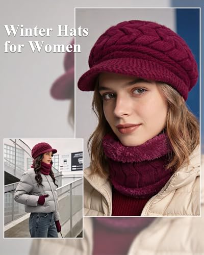 Loritta 3 in 1 Womens Winter Hat Gloves Scarf Set, Warm Hat Mittens - color: Wine