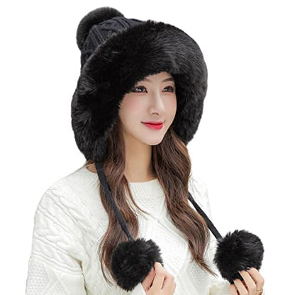 HUAMULAN Women Winter Sherpa Knit Beanie Hats Fleece Lined Ear Flaps - color: A1-m1399-black