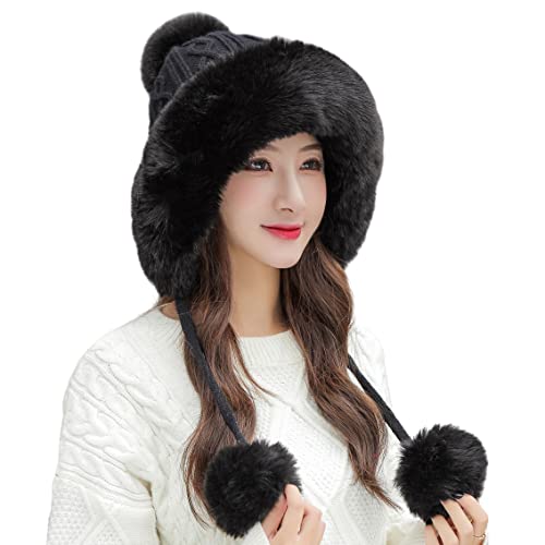 HUAMULAN Women Winter Sherpa Knit Beanie Hats Fleece Lined Ear Flaps - color: A1-m1399-black