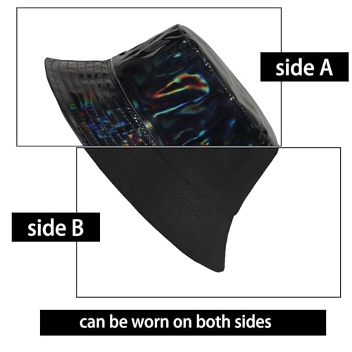 MILAKOO Rave Hologram Metallic Bucket Hat Reversible Cap Reflective Waterproof Rain Fisherman Hat - color: A: Black
