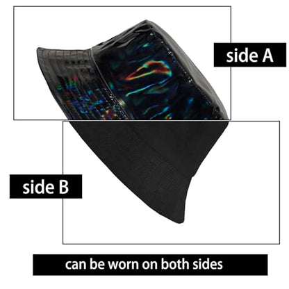 MILAKOO Rave Hologram Metallic Bucket Hat Reversible Cap Reflective Waterproof Rain Fisherman Hat - color: A: Black