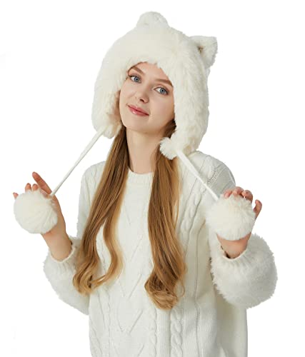HUAMULAN Women Winter Sherpa Knit Beanie Hat Fleece Lined Ear Flaps - color: Cream White