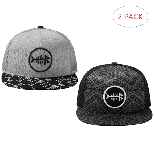 BASSDASH 2 Pack Flat Brim Trucker Cap Adjustable Snapback Hat Mesh Back for Men Women Fishing Hunting - color: Heather Grey and Black & Black Geometry