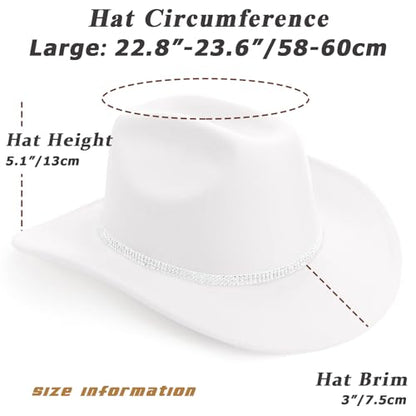 Western Cowboy Hats for Women Classic Felt Wide Brim Fedora Hat with Belt Buckle Retro Panama Hat Unisex Rolled up Cap - color: 1 Pack : White With 3 Rhinestones Bands