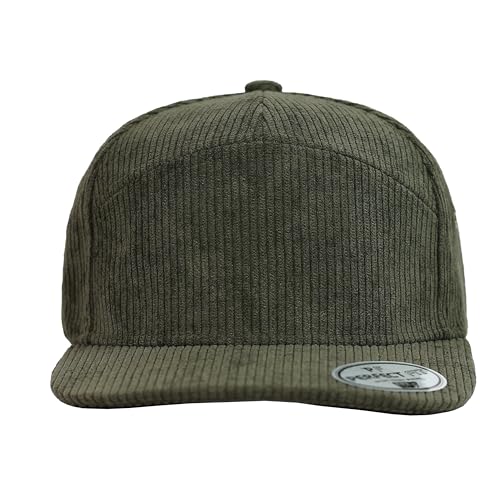 7 Panel Corduroy Cap – Structured Cotton Snapback Flat Bill Adjustable Unisex Streetwear Hat - color: Olive