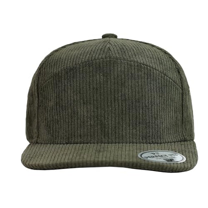7 Panel Corduroy Cap – Structured Cotton Snapback Flat Bill Adjustable Unisex Streetwear Hat - color: Olive