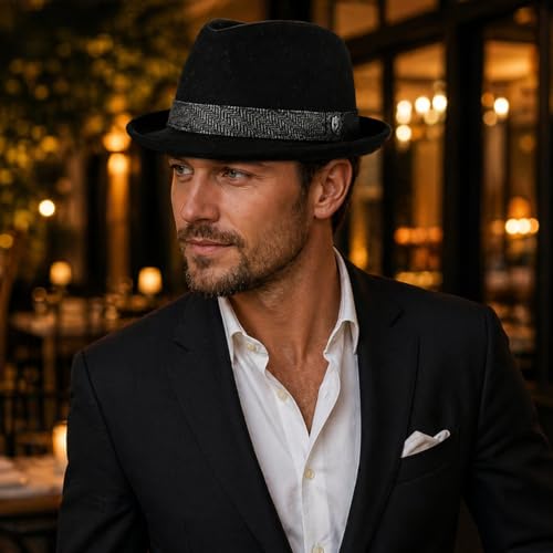 Men’s Fedora, 2” Brim, Classic Wool Blend with Herringbone Band - color: Black, size: Medium