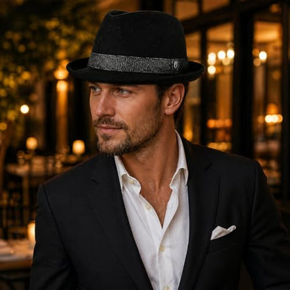Men’s Fedora, 2” Brim, Classic Wool Blend with Herringbone Band - color: Black, size: Medium