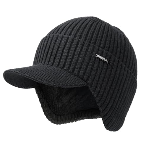 Wmcaps Winter Beanie with Brim & Ear Flaps, Fleece Lined Hat for Men Women - color: Dark Grey