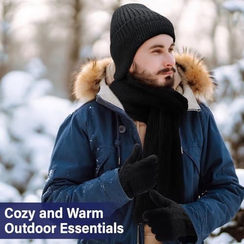 8 Pcs Winter Warm Set for Men Black Knitted Beanie Earflap Cap Touchscreen Half Finger Glove Scarf Socks
