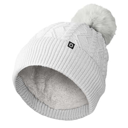 DALIX Cable Knit Pom Beanie Soft Stretch Skully Warm Fuzzy Faux Sherpa Winter Ski Beanie - color: White