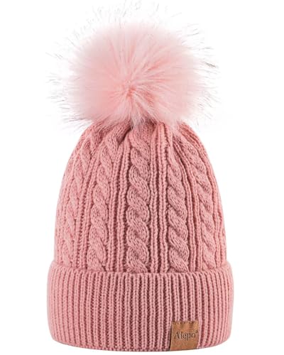 Alepo Womens Winter Beanie Hat, Warm Fleece Lined Knitted Soft Ski Cuff Cap with Pom Pom - color: Pink
