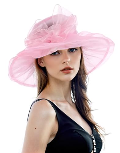 Derby Hats for Women 2026 Women's Elegant Organza Kentucky Fascinator for Church, Tea Party, Weddings Hats - color: Hat1-pink