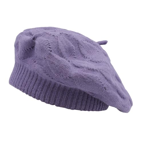 ZLYC Women French Beret Hat Reversible Solid Color Knit Warm Artist Cap - color: Cable Pattern Purple
