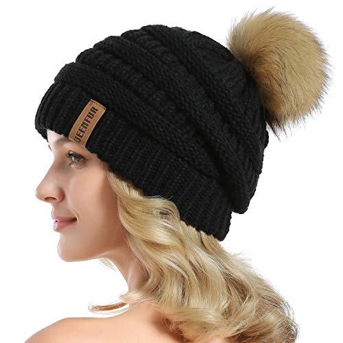 Women Knit Slouchy Beanie Chunky Baggy Hat with Faux Fur Pompom Winter Soft Warm Ski Cap - color: A2-black 2