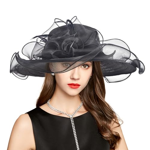 2026 Kentucky Derby Hat for Women Ladies, Organza Veil Feather Fascinator for Tea Party Church UV Protection Sun Hat - color: B4562-black