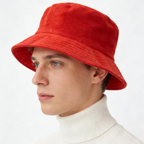 Cotton Terrycloth Bucket Hat for Women Fisherman Wide Brim Fishing Hat for Men Spring Fall Sun Protection Outfits - color: Red-terrry