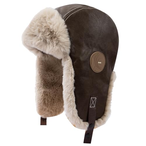 Leather Trapper Hat Winter Trooper Hats for Men Faux Fur Hat Aviator Russian Ushanka Hats with Earflaps Skiing Hat - color: Mg-lfmyypyb30-camel